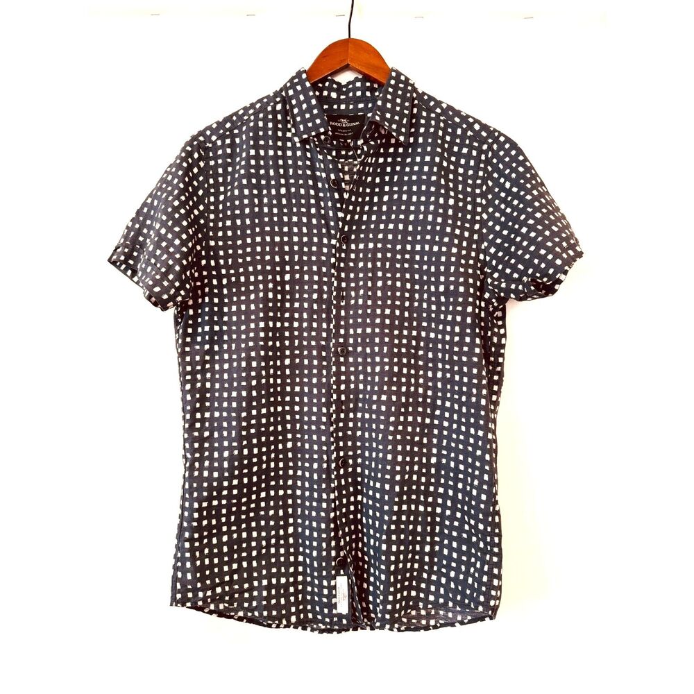 Rodd & Gunn Shirt Men S Sports Fit Navy White 61% Linen Italy Woven Short Sleeve